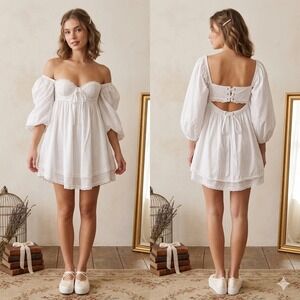 Kitteny White Cotton Milkmaid Mini Dress Puff Sleeve Eyelet Lace Bustier L
